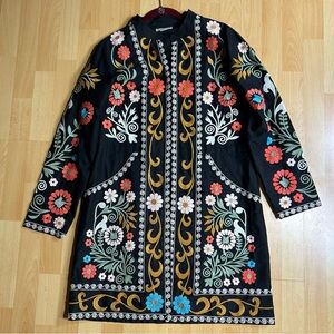 Ruby Yaya Floral Embroidered Long Line Black Jacket‎ Boho Cottagecore